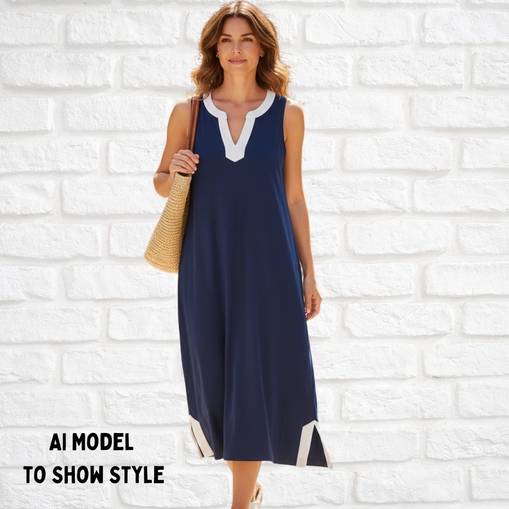 Lands' End Swim Cover Up Dress Navy Blue Cotton Sleeveless Shift Small 6 8